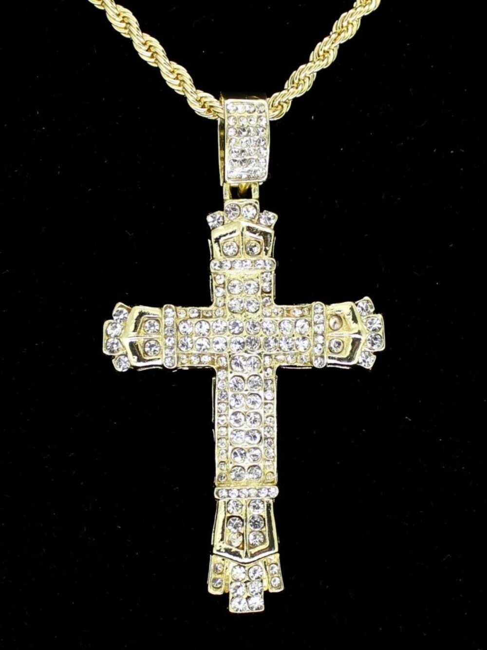 14K Plated Iced Out Cross & 24” Rope Chain
